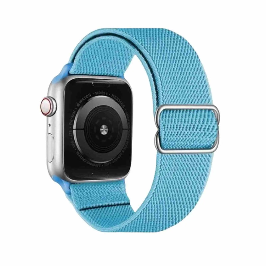 Detailed image of light blue Anhem Flex Band, emphasizing the quality materials and construction for Apple Watch.  Flex Nylon Strap  anhem.myshopify.com  Sky / Silver Buckle / 44/45/46/499MM (Large Watch)