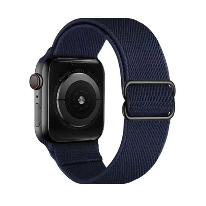 Dark Blue Flex Nylon Band by Anhem designed for Apple Watch, perfect for outdoor adventures with its stretchy material.  Flex Nylon Strap  anhem.myshopify.com  Navy Blue / Black Buckle / 44/45/46/499MM (Large Watch)