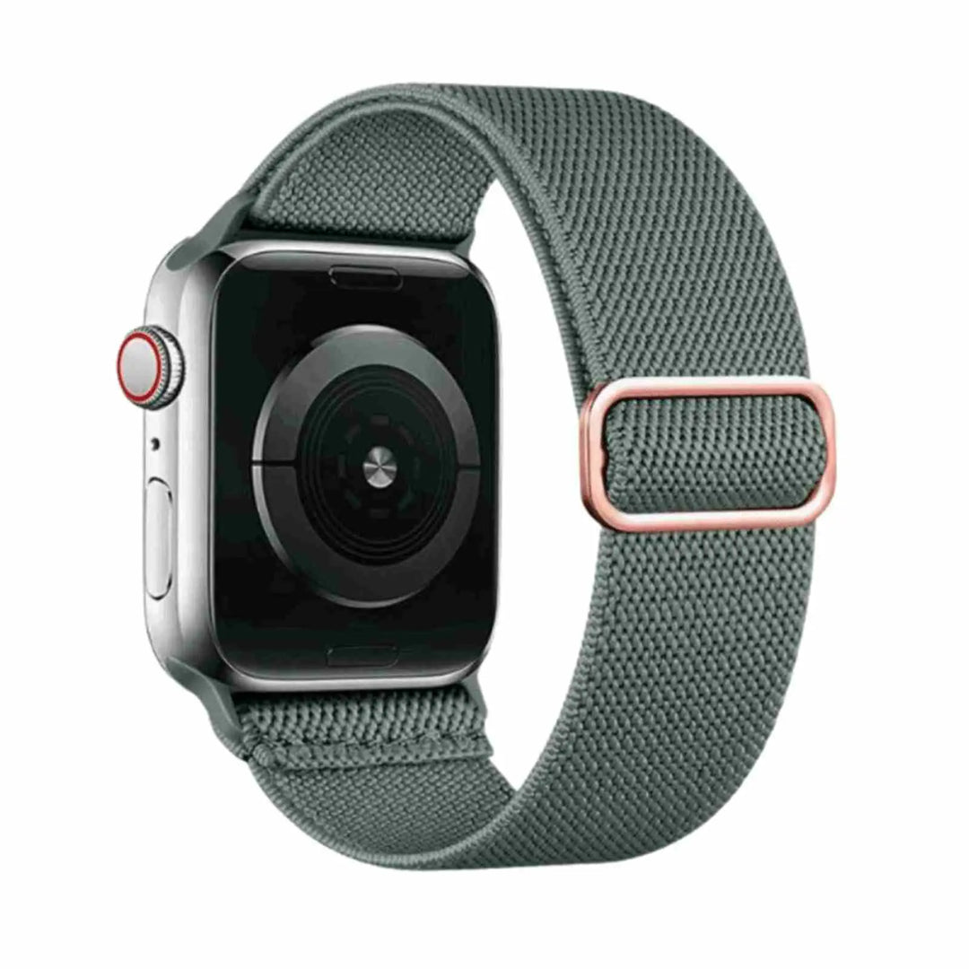 Pine Green Flex Nylon Band by Anhem designed for Apple Watch, with a stretchy design for maximum comfort.  Flex Nylon Strap  anhem.myshopify.com  Pine Green / Rose Gold Buckle / 44/45/46/499MM (Large Watch)