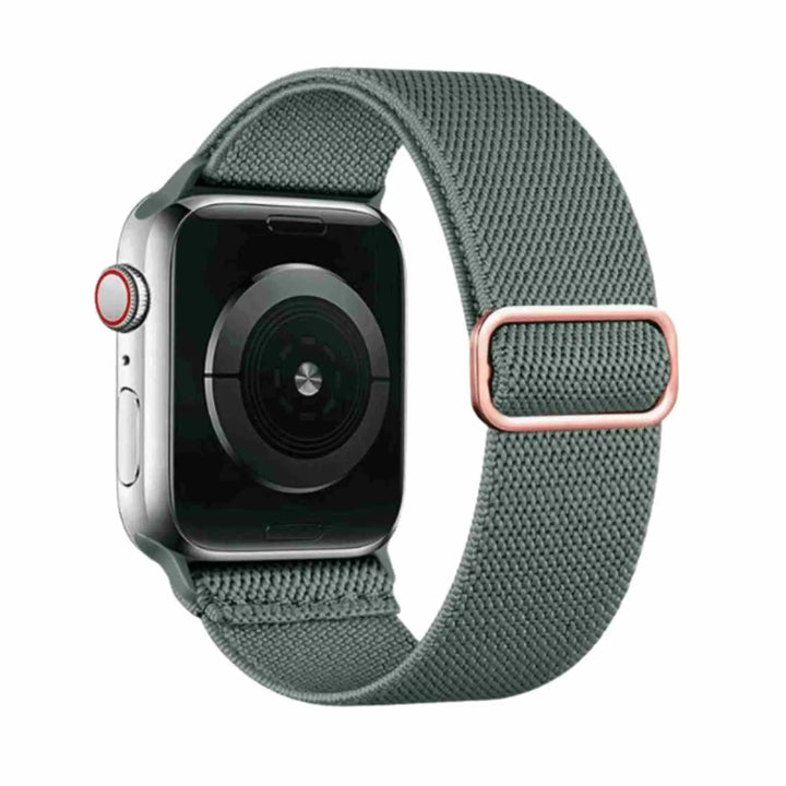 Pine Green Flex Nylon Band by Anhem designed for Apple Watch, with a stretchy design for maximum comfort.  Flex Nylon Strap  anhem.myshopify.com  Pine Green / Rose Gold Buckle / 44/45/46/499MM (Large Watch)