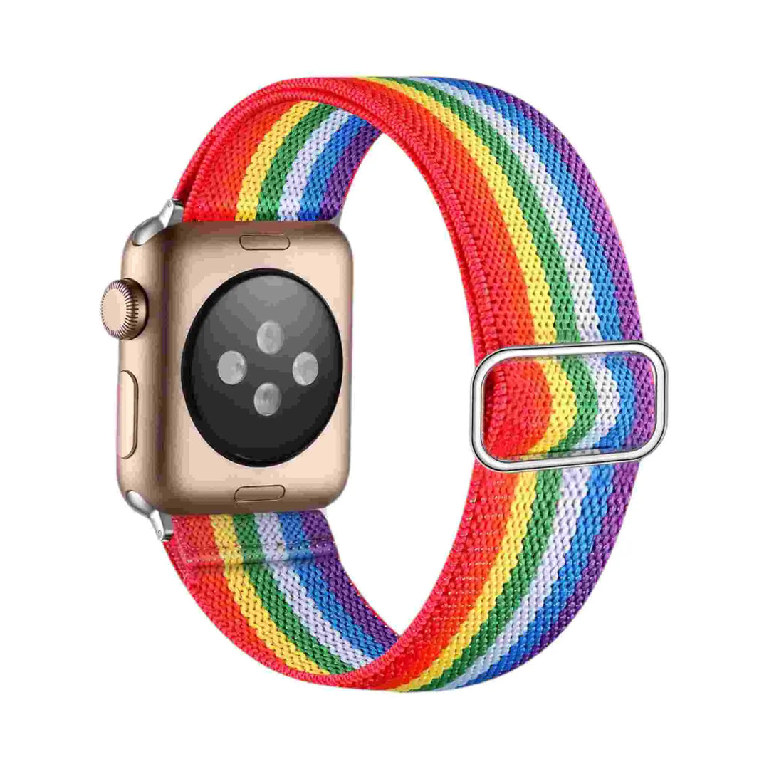 Colorful Rainbow  Pride Flex Nylon Band by Anhem for Apple Watch, a perfect blend of style and comfort for daily wear.  Flex Nylon Strap  anhem.myshopify.com  Pride / Rose Gold Buckle / 44/45/46/499MM (Large Watch)