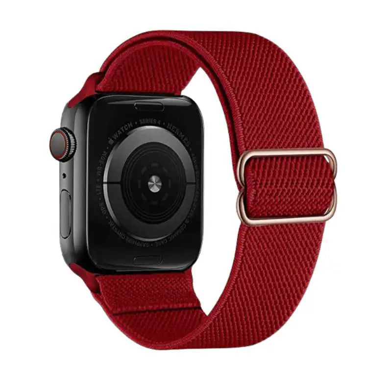 Red Flex Nylon Band by Anhem designed for Apple Watch, suitable for both casual and elegant occasions.  Flex Nylon Strap  anhem.myshopify.com  Red / Rose Gold Buckle / 44/45/46/499MM (Large Watch)