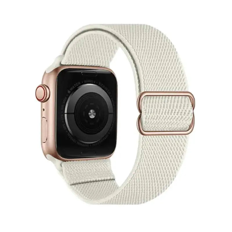 Close-up view of Starlight Flex Nylon Band by Anhem for Apple Watch, showcasing its breathable and stretchy fabric.  Flex Nylon Strap  anhem.myshopify.com  Starlight / Rose Gold Buckle / 44/45/46/499MM (Large Watch)