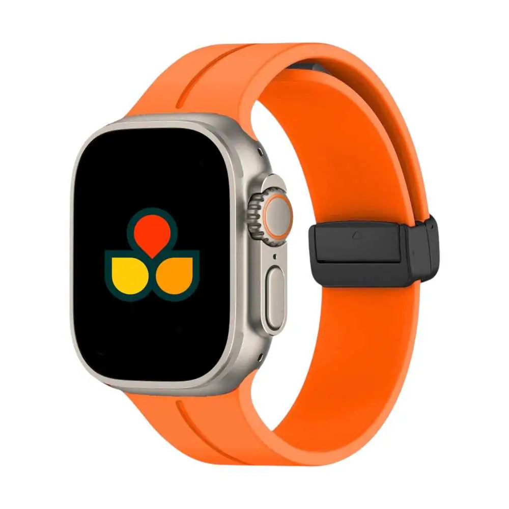 Vibrant orange Anhem Magna Silicone Band showcasing a seamless design, perfect as a Magnetic Silicone Apple Watch band.  Magna Silicone Strap  anhem.myshopify.com  Orange / 44/45/46/49MM (Large Watch)