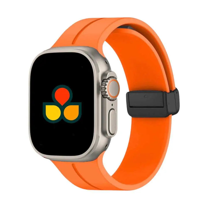 Vibrant orange Anhem Magna Silicone Band showcasing a seamless design, perfect as a Magnetic Silicone Apple Watch band.  Magna Silicone Strap  anhem.myshopify.com  Orange / 44/45/46/49MM (Large Watch)