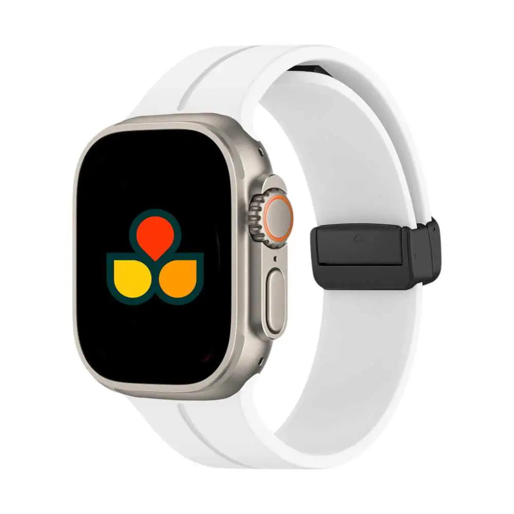 Crisp white Anhem Magna Silicone Band, a classic choice as a Magnetic Silicone Apple Watch band.  Magna Silicone Strap  anhem.myshopify.com  White / 44/45/46/49MM (Large Watch)