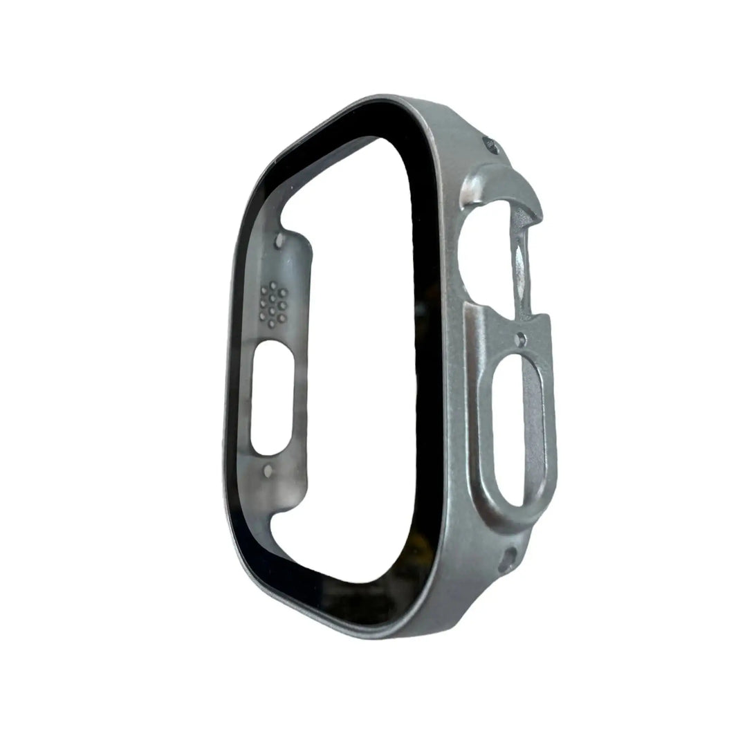 Close-up view of the Anhem silver Matte Protective Screen Case Cover for Apple Watch Ultra, displaying its durable design elements used for Apple Watch protection.  Satin Guard Case Cover  anhem.myshopify.com