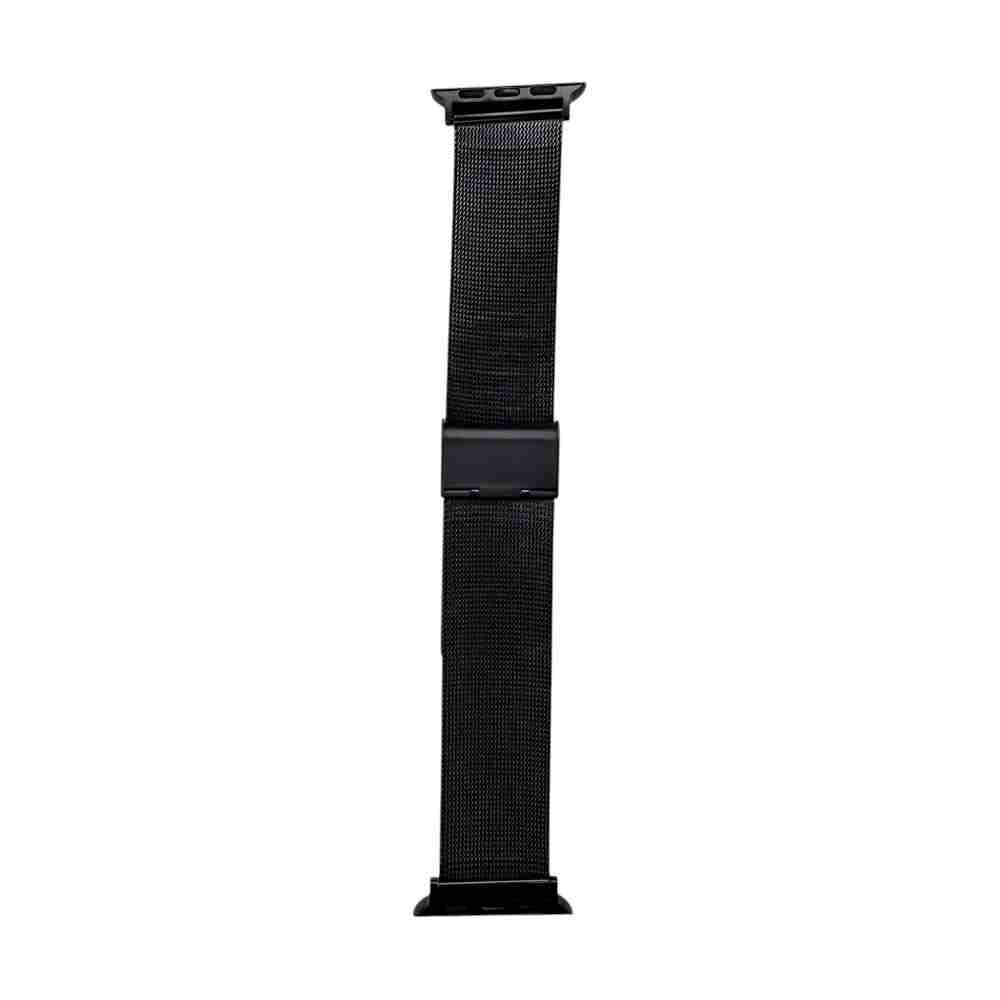 Close-up view of the Anhem Milan Steel Band in black, emphasizing its finely meshed texture and adjustable buckle, perfect for the Milanese apple watch band.