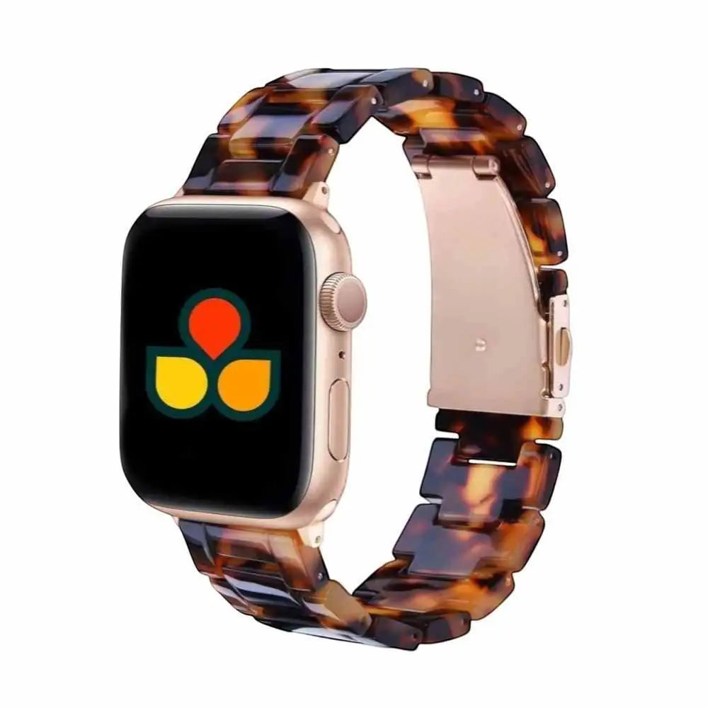 Amber Resin Band by Anhem featuring a stylish tortoise shell design for Apple Watch, showcasing a sleek fold-over buckle for a secure fit and lightweight comfort.  Amber Resin Strap  anhem.myshopify.com  Brown Tortoise / 44/45/46/49MM (Large Watch)