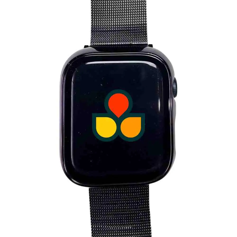 Anhem's shiny protective case cover on an Apple Watch displaying a colorful logo, featuring a built-in screen protector for maximum protection.  Gloss Guard Case Cover  anhem.myshopify.com  Black / 49mm (Ultra / Ultra 2)