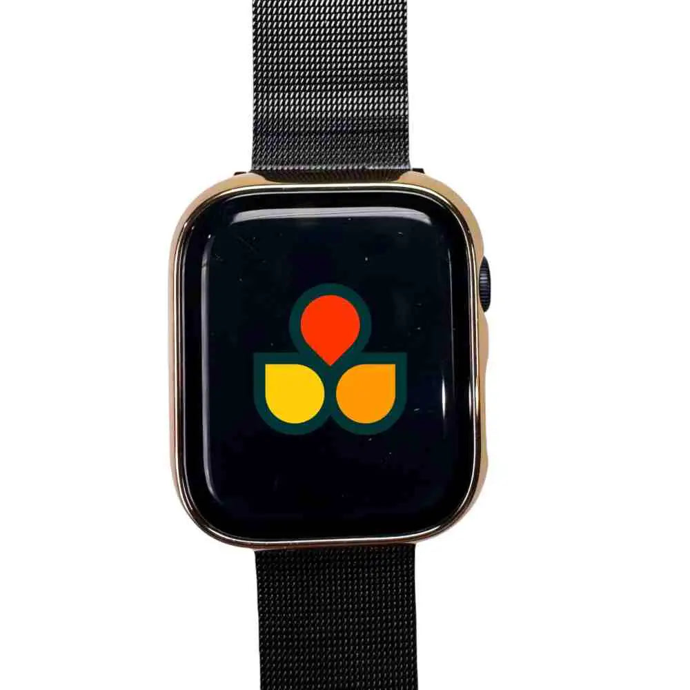 Anhem's shiny protective case cover on an Apple Watch, featuring a prominent logo and protection through its built-in screen protector.  Gloss Guard Case Cover  anhem.myshopify.com  Gold / 49mm (Ultra / Ultra 2)