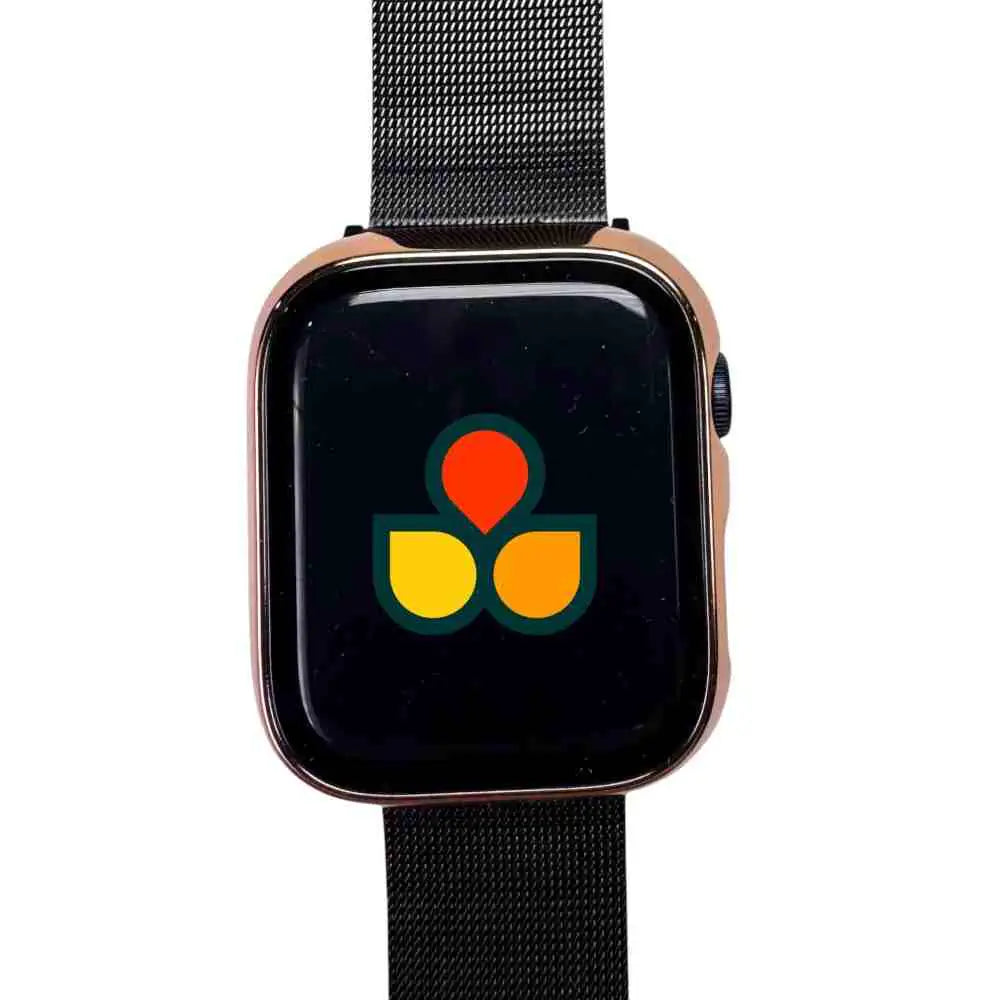Stylish Anhem shiny protective case cover on an Apple Watch, adorned with a striking logo and equipped with a built-in screen protector.  Gloss Guard Case Cover  anhem.myshopify.com  Rose Gold / 49mm (Ultra / Ultra 2)
