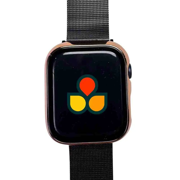 Stylish Anhem shiny protective case cover on an Apple Watch, adorned with a striking logo and equipped with a built-in screen protector.  Gloss Guard Case Cover  anhem.myshopify.com  Rose Gold / 49mm (Ultra / Ultra 2)