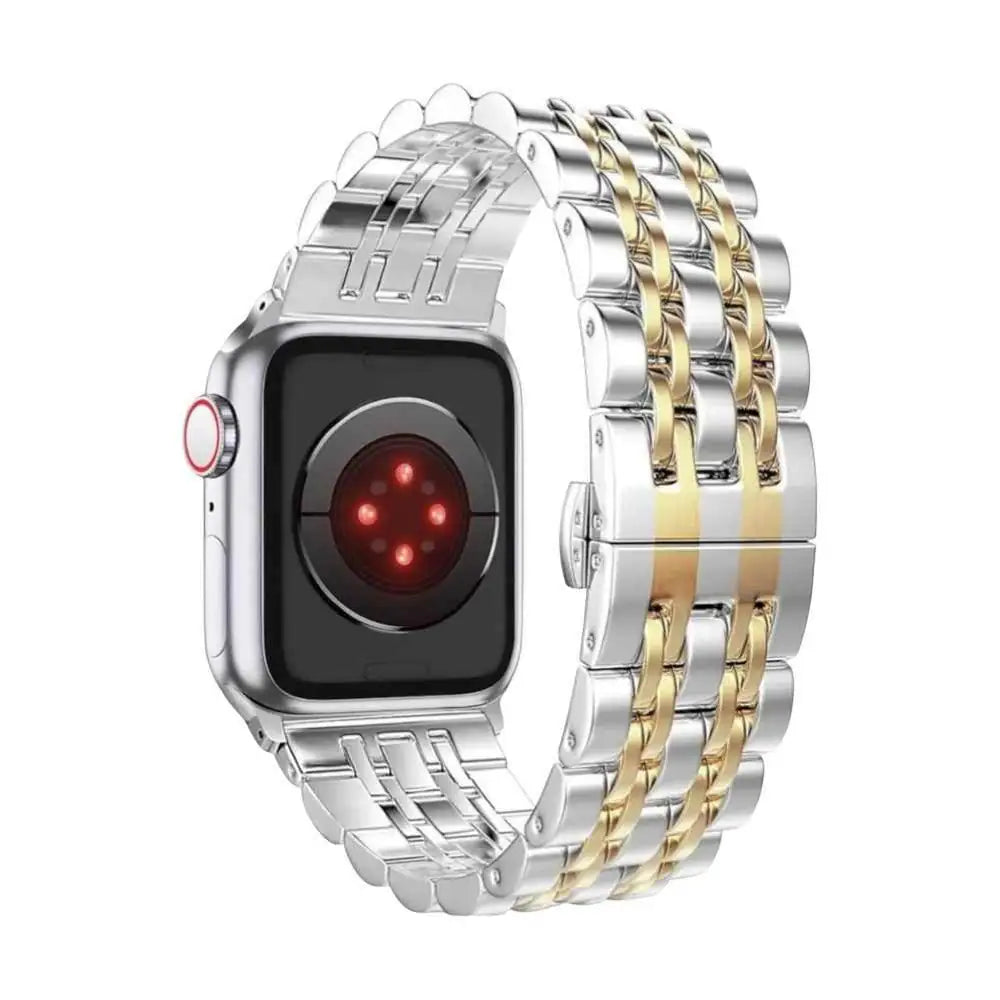 Anhem Allure Steel Band showcased on an Apple Watch. This apple watch metal band features a two-tone stainless steel design, exuding sophistication and elegance.  Allure Steel Strap  anhem.myshopify.com  Silver / Gold / 44/45/46/49MM (Large Watch)