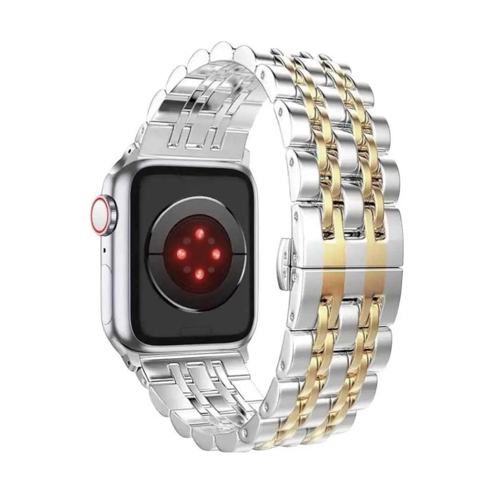 Anhem Allure Steel Band showcased on an Apple Watch. This apple watch metal band features a two-tone stainless steel design, exuding sophistication and elegance.  Allure Steel Strap  anhem.myshopify.com  Silver / Gold / 44/45/46/49MM (Large Watch)