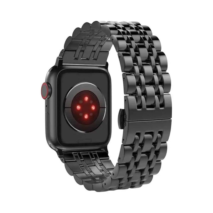 Flat view of the Anhem Allure Steel Band. This apple watch metal band offers a contemporary design with polished and brushed metal accents.  Allure Steel Strap  anhem.myshopify.com  Black / 44/45/46/49MM (Large Watch)