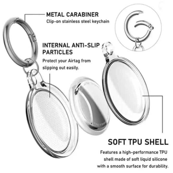 Detailed view of the TPU keychain case holder for Apple AirTag by Anhem, showcasing its soft shell and metal carabiner. The ultimate AirTag Keychain Holder.  Keychain Case Holder For Tag  anhem.myshopify.com