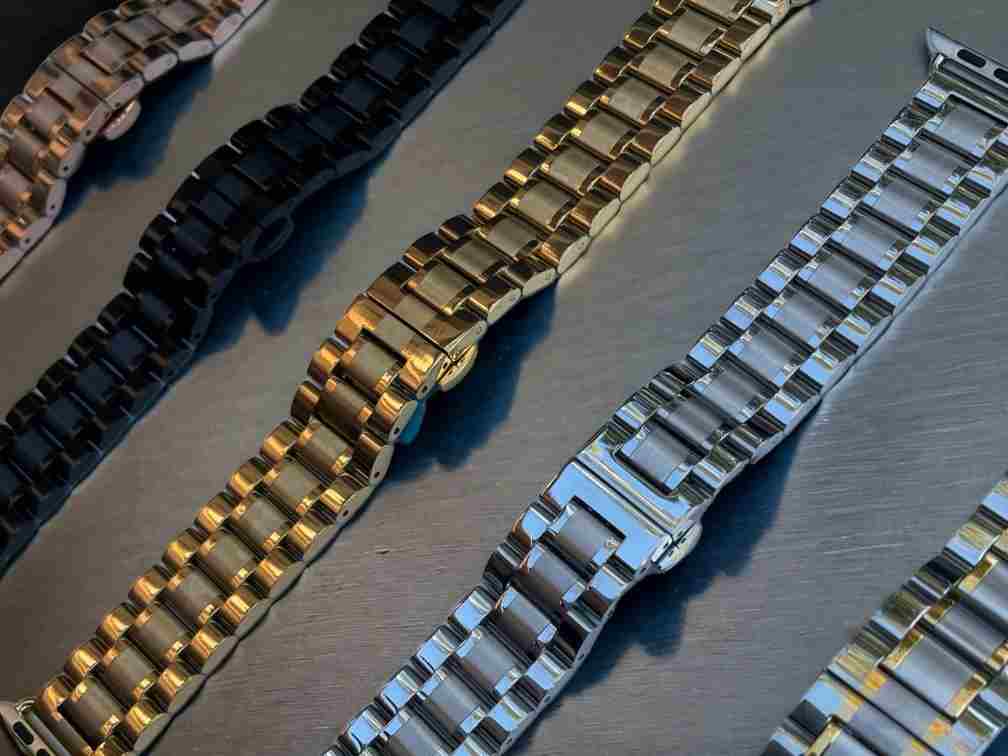 anhem lustro metal apple watch band in 5 colors: rose gold, black, gold, silver and silver and gold