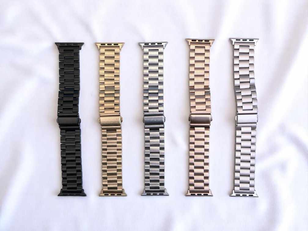 anhem signature metal apple watch band made of stainless steel in 5 colors: black, champagne gold, silver, rose gold and starlight