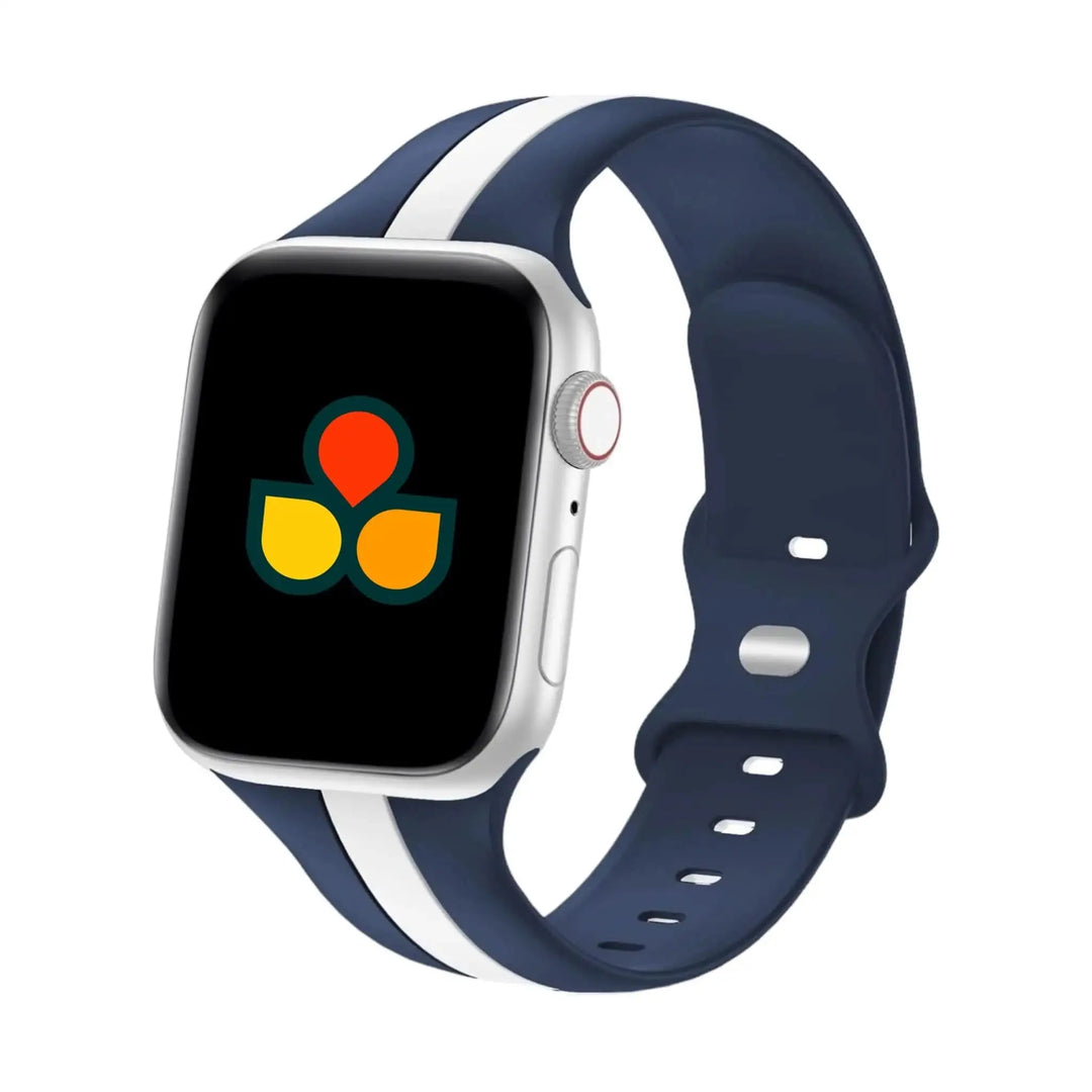 Anhem Pepi Silicone Band displayed on an Apple Watch, featuring a stylish navy color with white stripes, perfect for an everyday silicone Apple Watch sport band.  Pepi Silicone Strap  anhem.myshopify.com  Blue / White / 44/45/46/49MM (Large Watch)